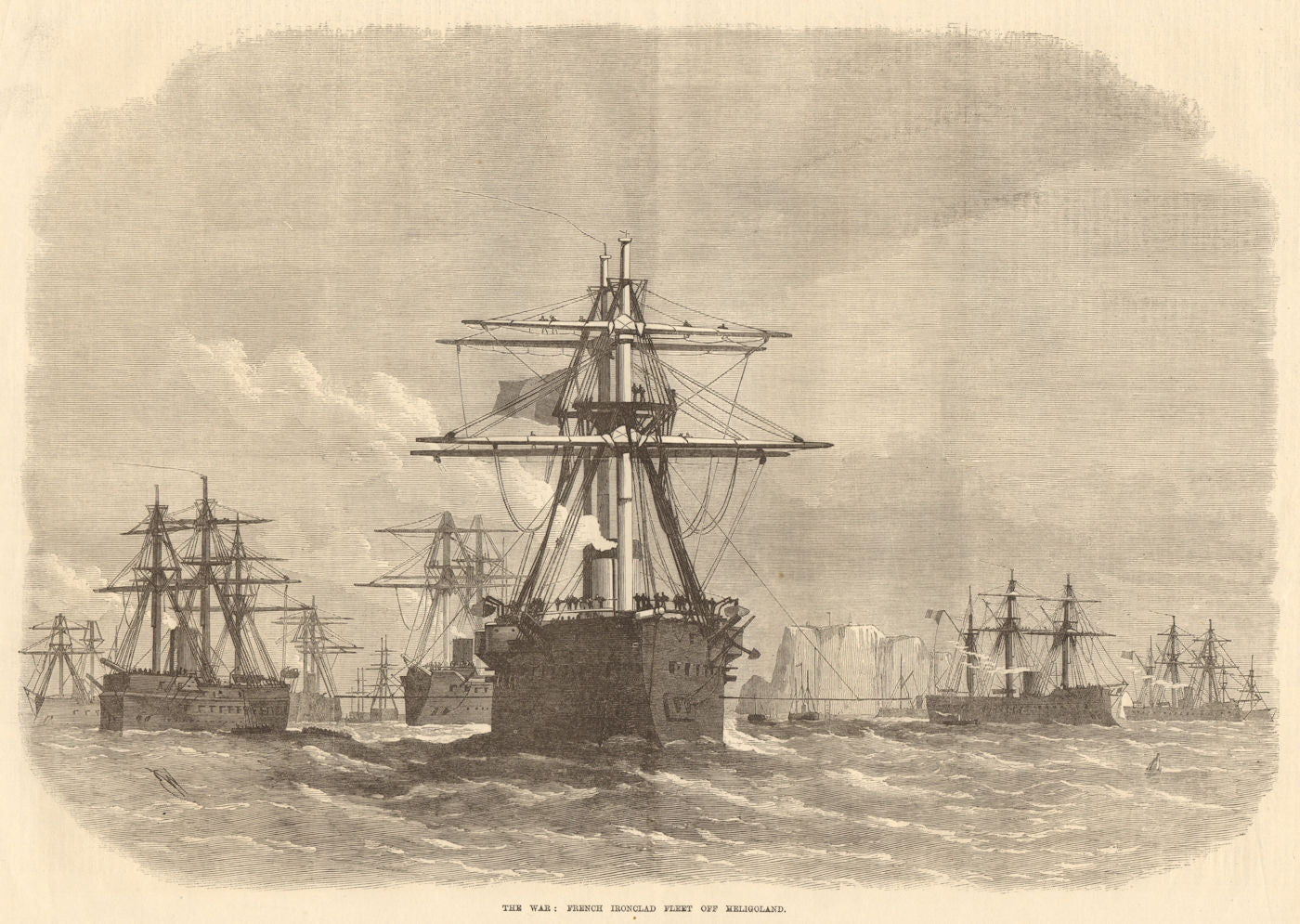The war: French ironclad fleet off Heligoland. Germany. Ships 1870 old print